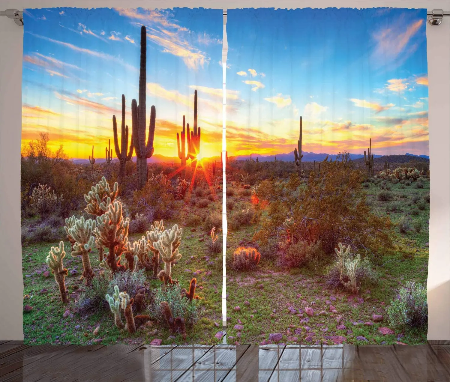 Saguaro Window Curtains Sun is Setting Between Saguaros Wildflowers in The Sonoran Desert Scene Picture Living Room Decor