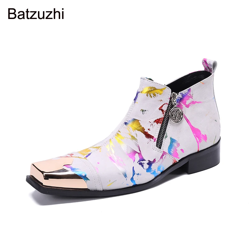 Batzuzhi 2024 New Autumn Winter Boots Men Square Iron Head Multi Genuine Leather Short Boots Men Double Zips Botas Hombre, 38-46