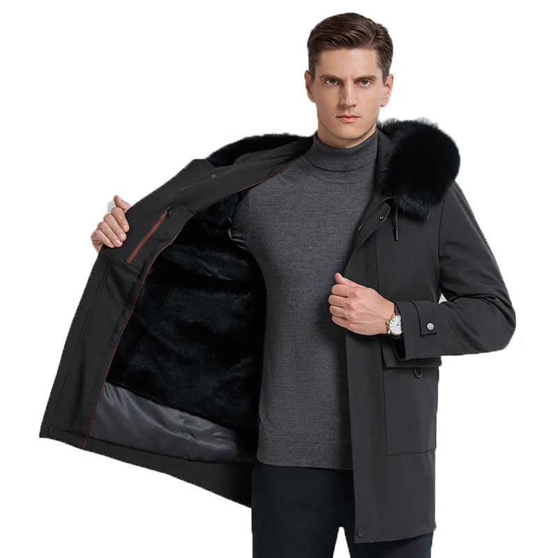 

2021 Winter Men's Jacket Coats Black Big Fox Fur Collar and Rex Rabbit Liner Warm Fur Coat Winter for Men, Big Sizes M-4XL!