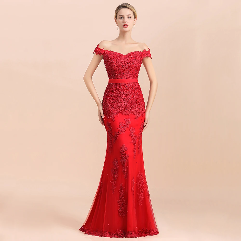 FATAPAESE Red Backless Evening Dresses Off Shoulder Beading Mermaid Evening Gowns Lace Formal Dress For Party Robe De Soiree