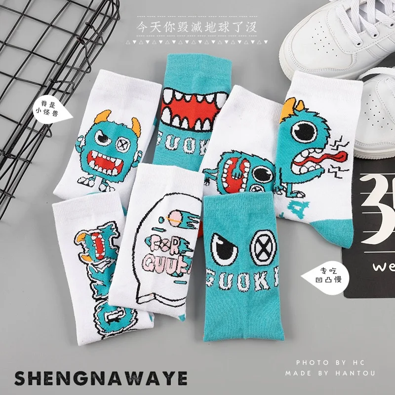 Socks Men Cotton Cartoon Pattern Hip Hop Style Breathable Mid Tube Happy Socks Skateboard Sock Soft Long Sock for Men Calcetines