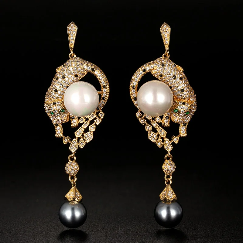 

Zlxgirl jewelry brand leopard shape earrings for women wedding jewelry Indian Dubai Punk Noble women pearl zirconia Earrings