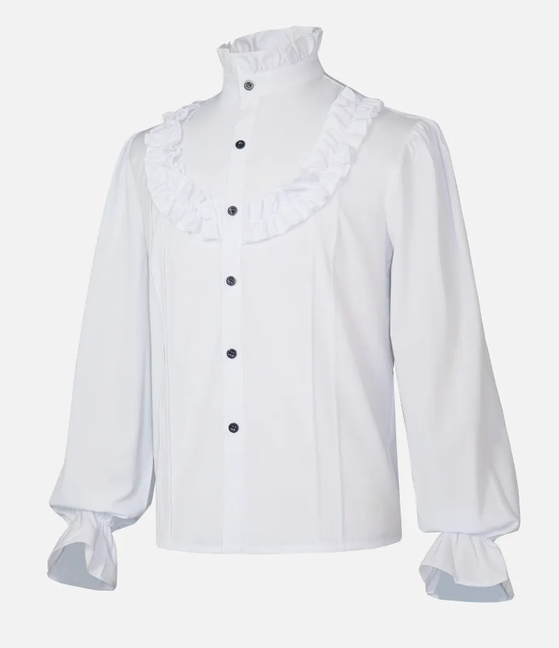 Branco com babados gola alta estilo vitoriano, camisa medieval masculina gótica