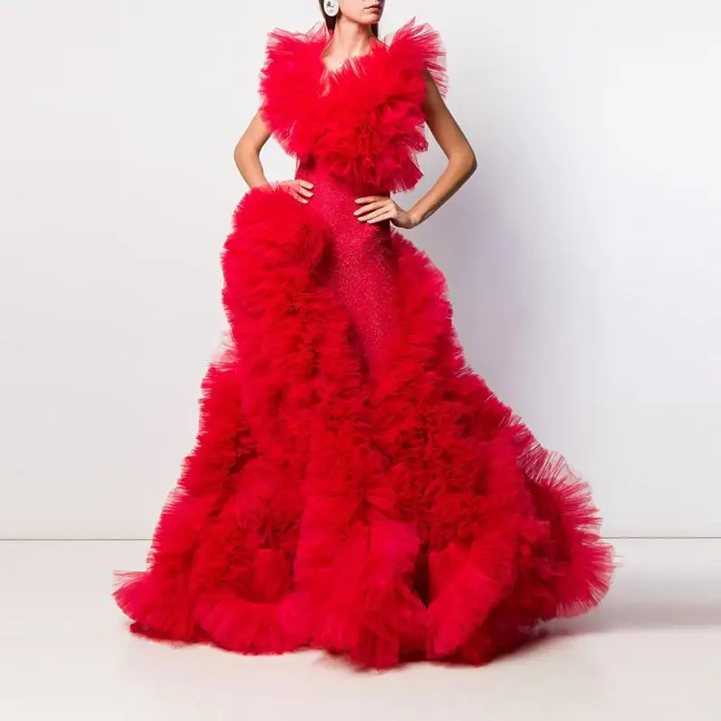 

Chic Fashion Couture Bright Red Prom Gown Women Ruffled Puffy Tulle Evening Formal Dress Celebrity Pageant Party Dresses