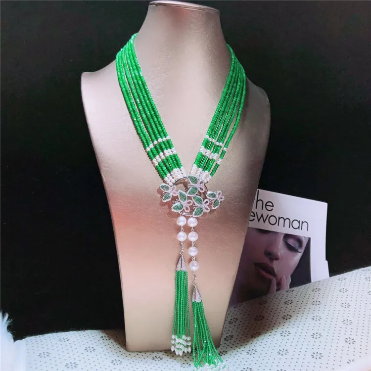 

Hand knotted natural white fresh water small pearl green stone micro inlay zircon accessoriese clasp sweater necklace