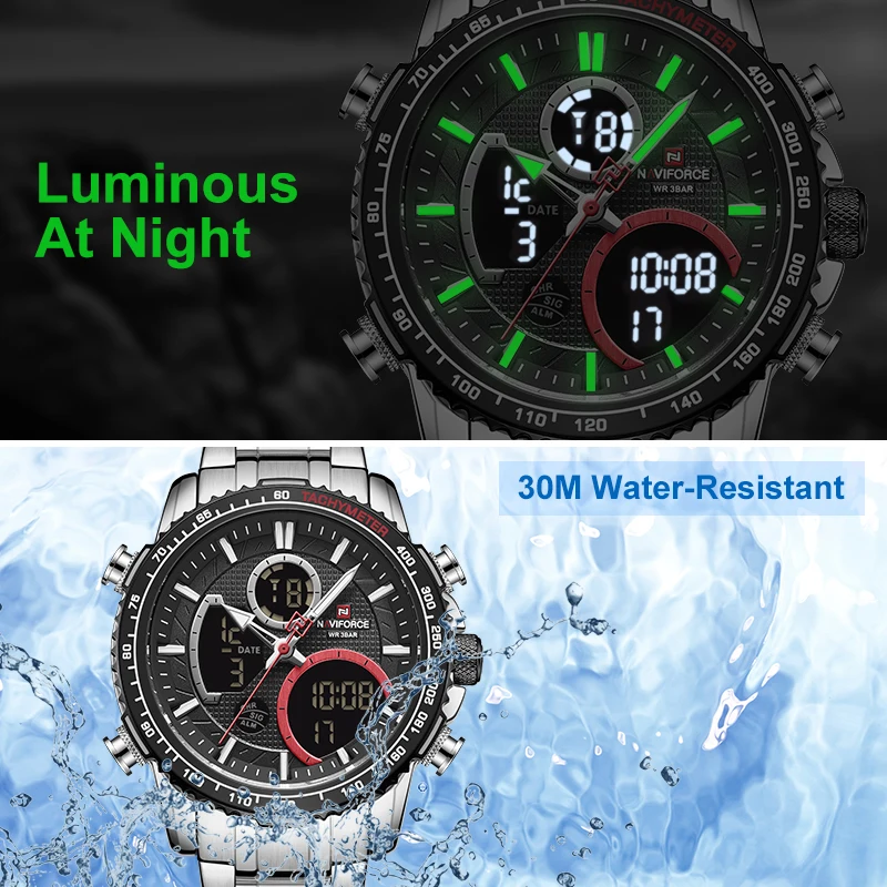 NAVIFORCE Brand Watch Men Stainless Steel Band Waterproof Quartz Wristwatch Big Sports Chronograph Clock Watches Date Male Reloj