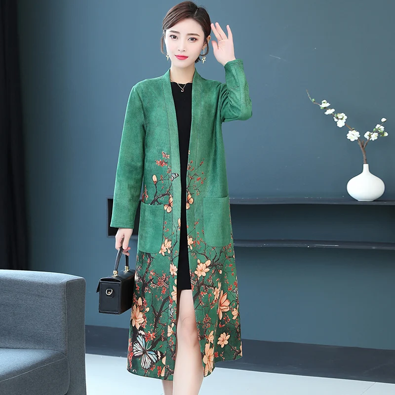 2022 Spring Autumn Suede Trench Coats Women\'s New Fashion Slim Printed Mid-long Outerwear Korean Slim Cape Cardigan Jackets J441