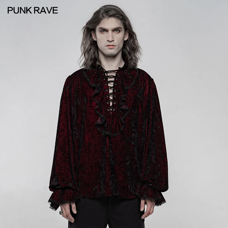 

PUNK RAVE Men Gothic Red Velvet Shirt Lace-Up Ruffled Long Sleeve Loose Victorian Renaissance Blouse WY1266
