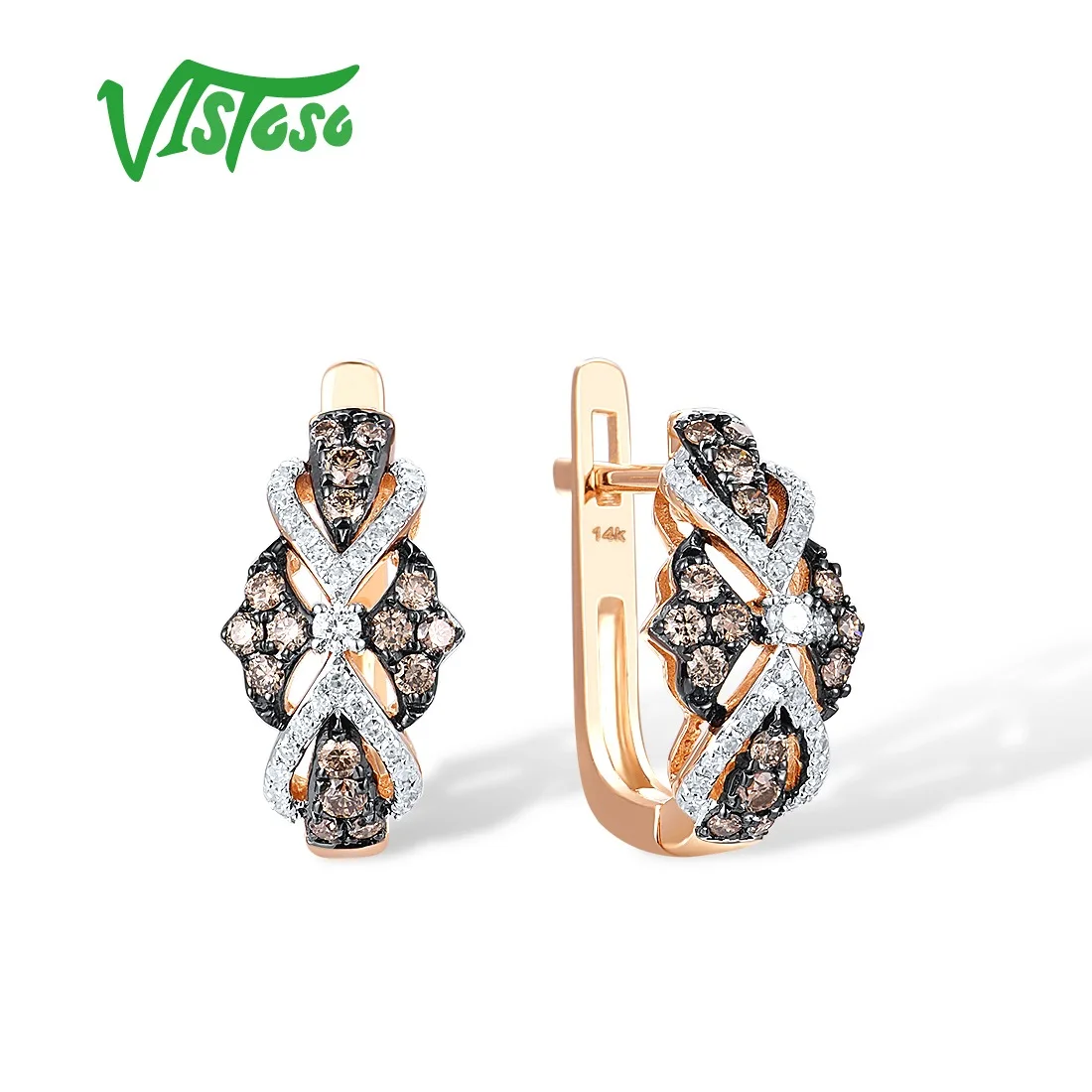 

VISTOSO Genuine 14K 585 Rose Gold Earrings For Women Sparkling Diamond Brown Diamond Classic Earrings Delicate Fine Jewelry