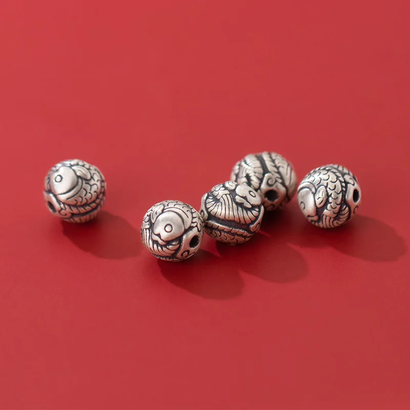 1pc 999 Pure Silver Lucky Fish Pattern Separation Round Loose Beads 10mm Craftwork 3D 999 Silver Space Charm Beads DIY Jewelry