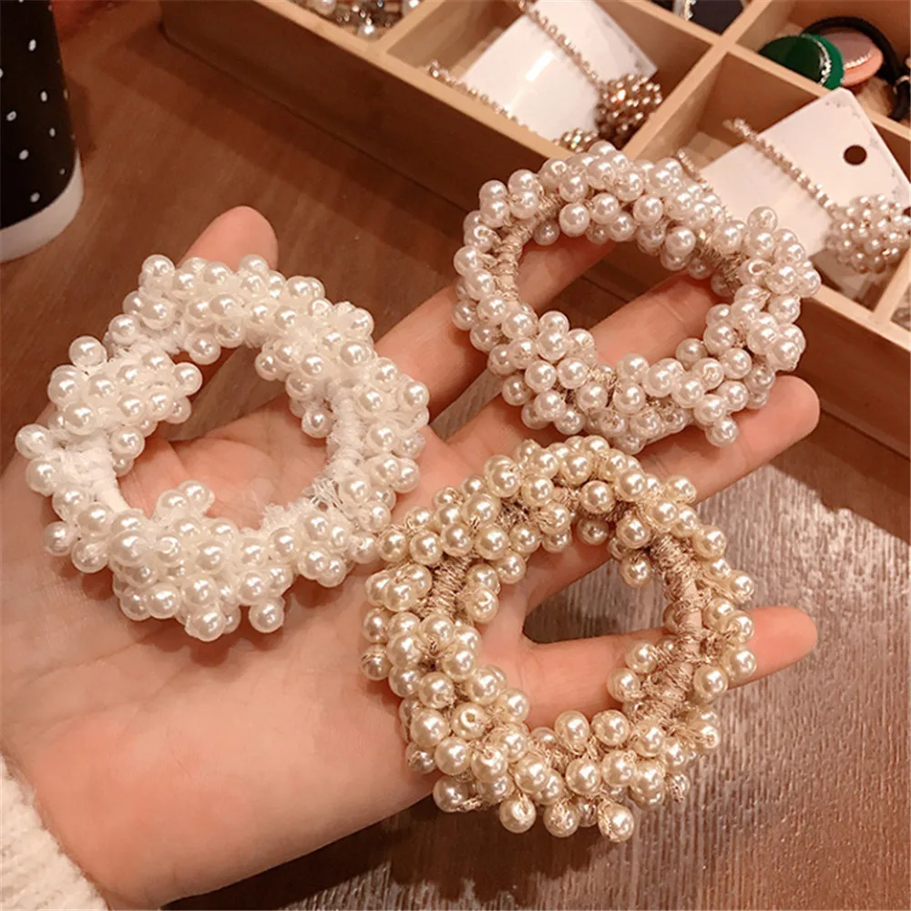 6 Colors Woman Elegant Pearl Hair Ties Beads Girls Scrunchies Rubber Bands Ponytail Holders Hair Accessories Elastic Hair Band