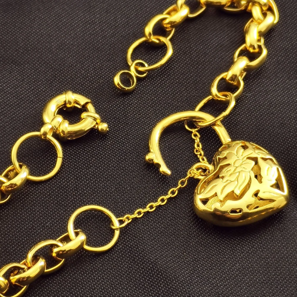 18k Gold Plated 4mm Chain Width Heart Belcher padlock womens solid bracelet jewllery