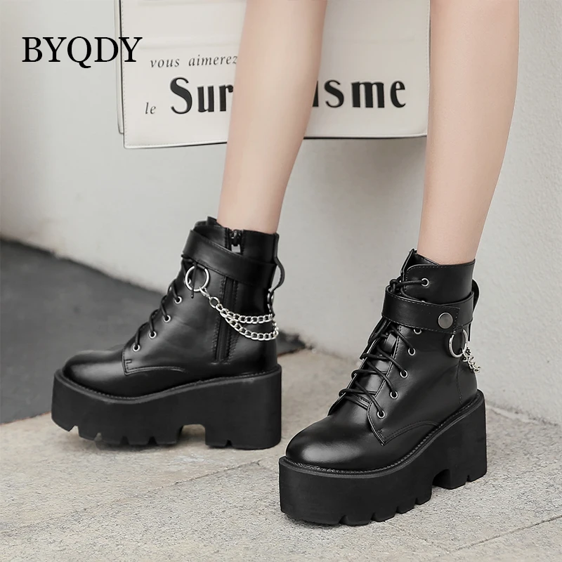 BYQDY Platform Boots for Women with Chain Fashion Ladies Ankle Boots Chunky Heel Lace Up Black Goth Shoes Autumn Plus Size