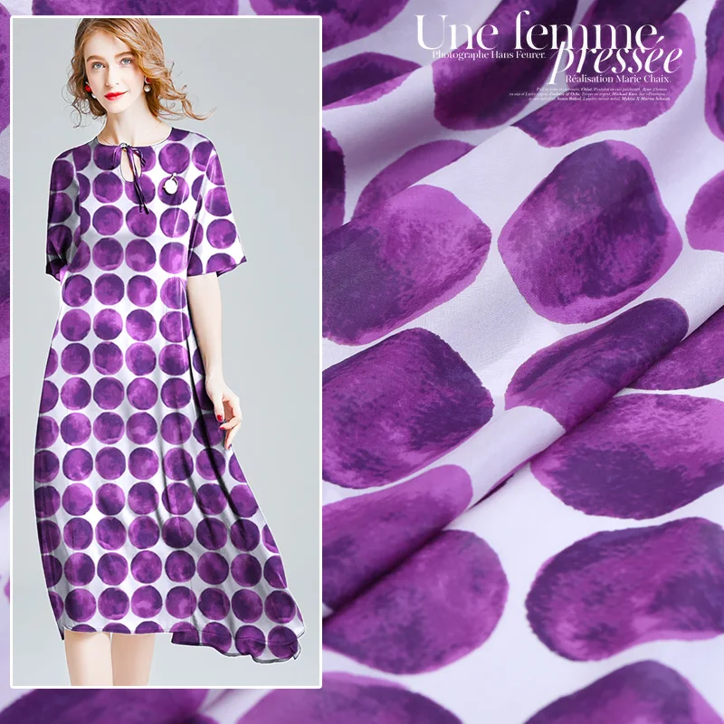 

Custom Purple Polka Dot 12 M Printed Silk Chiffon Fabric Summer Silk Dress Clothing Scarf Silk Fabric