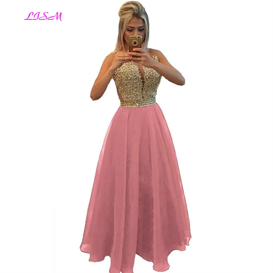 Chiffon Beaded Lace Applique Long Prom Dress Sheer Back Sleeveless Formal Gown O-Neck Floor Length Evening Dresses vestido festa