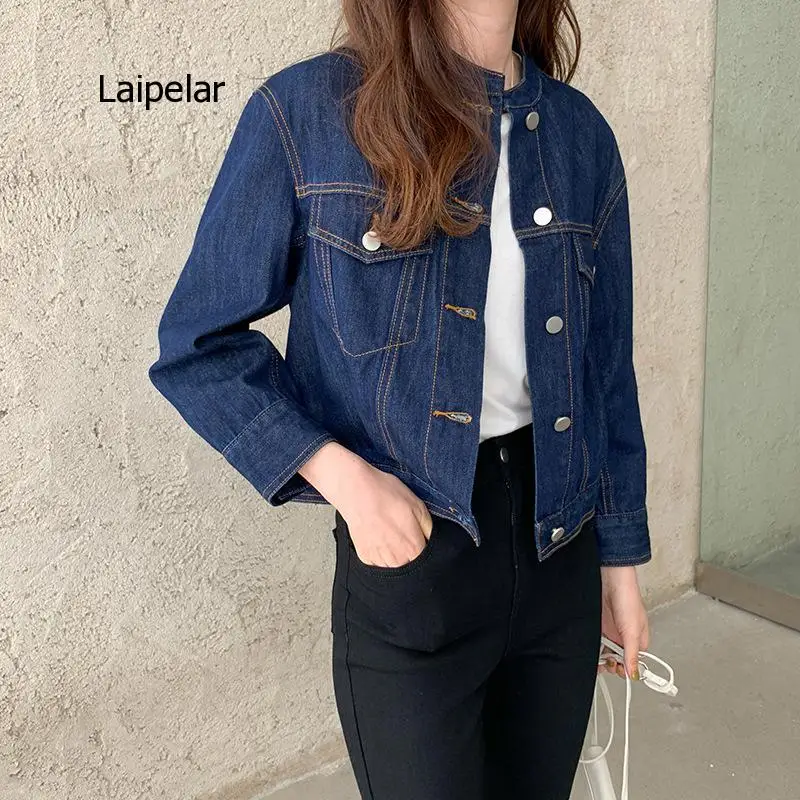 Women's Dark Blue Washed Denim Jacket New Retro Long-sleeved Short Jacket Fashion All-match Stand-up Collar Denim Jacket