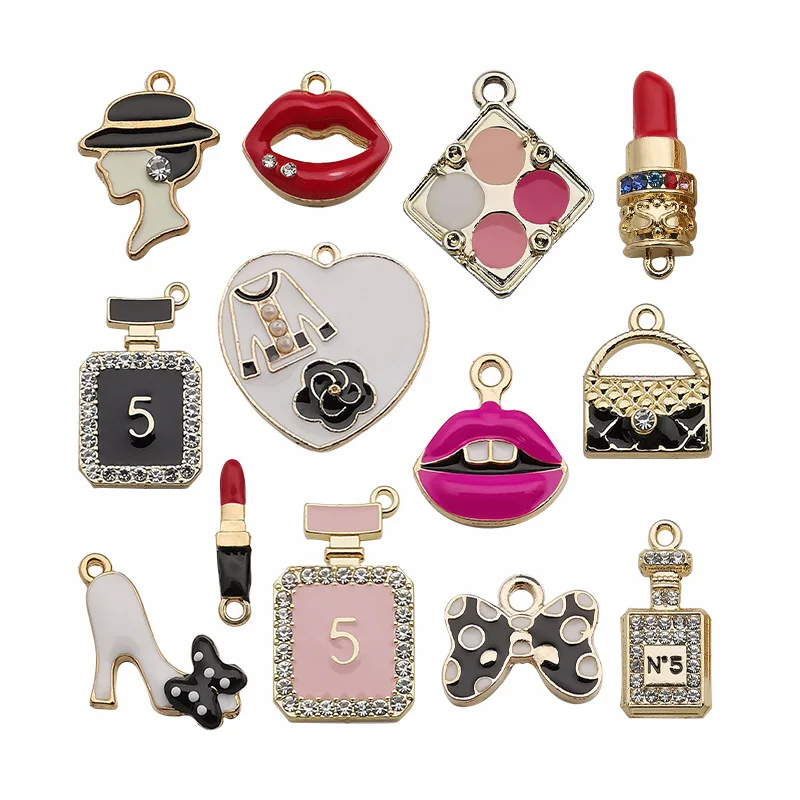 Mix 13pcs/pack Sexy Mouth Lipstick  Perfume Make Up  Enamel Charms for Earring Bracelets DIY  Jewelry Making