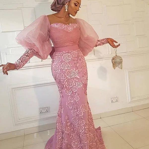 

Элегантные вечерние платья-русалки с рукавами-фонариками Aso Ebi, кружевное платье с аппликацией для выпускного вечера, блестящие вечерние платья с вырезом