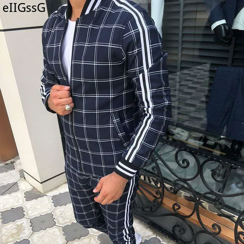 2021 Man Tracksuits Men\'s Sets 3D Print Sets Men Grid Two-piece Patchwork Zipper Tracksuits Small Leg Trouser Sweat Suits Sets