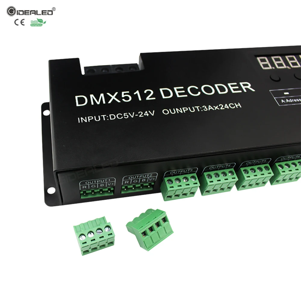 Imagem -06 - Decodificador de Sinal com Tela Digital 24 Canais Rgb Dmx 512 Regulador de Intensidade 72a Pwm Drive Controle de Faixa Rgb com Entrada Rj45