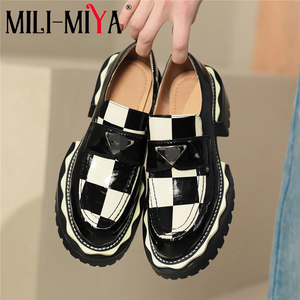 MILI-MIYA Spring Autumn Women Pumps Platform Thick Heels Black White Patent Cow Leather Elegant Slip On Fashion Office Shoes