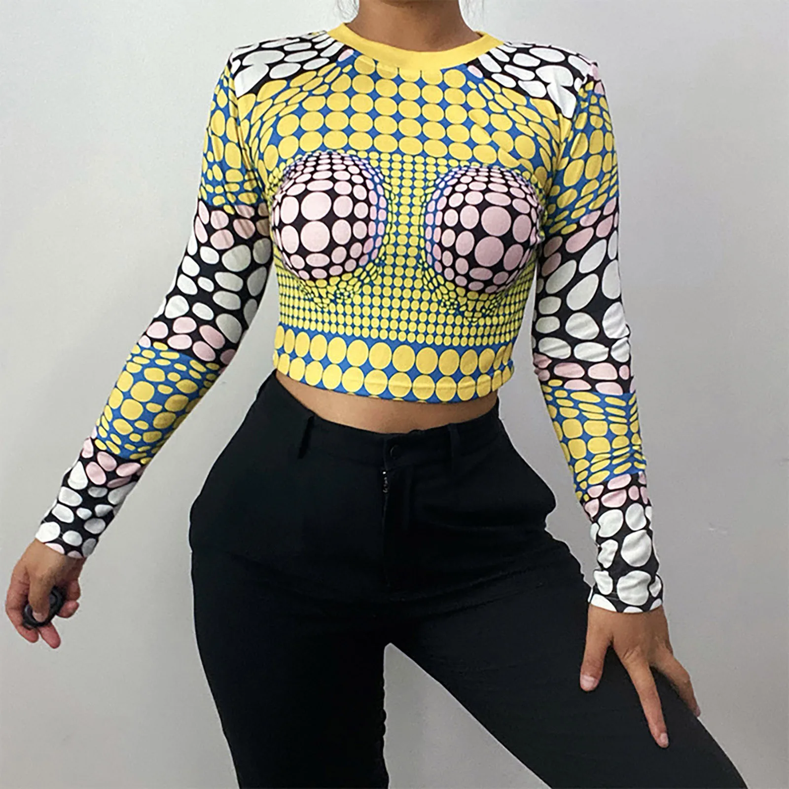 Vrouwen Lage Taille Fashion Dot Gedrukt Lange Mouwen Sexy Crop Tops Streetwear Contrast Kleur Ronde Hals Slim Fit T-shirt Nachtclubs