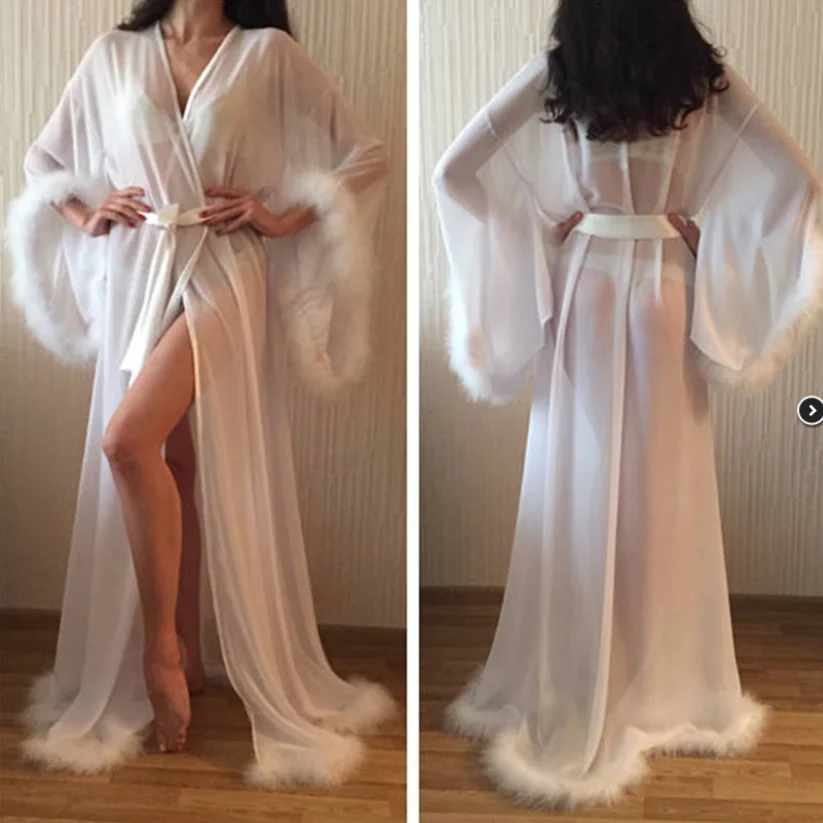 Women\'s Feather Bathrobe Wedding Shawl Long Wedding Scarf Illusion Chiffon Bridal Robe Sleepwear Dressing Gown Maternity Dress