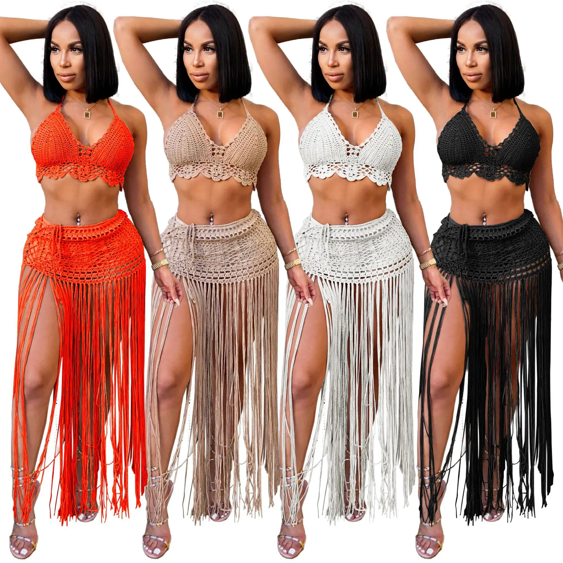 Women Crochet Bikini Set Tassel Swimwear Bandage 2 Piece Knitted Beach Set Summer Sexy Hollow Out Long Cover Up Skirt Suits