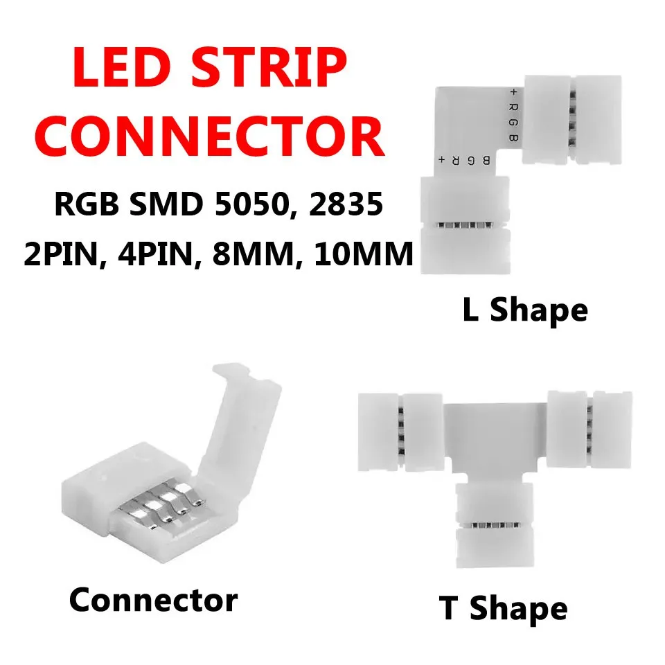 5Pcs 2Pin 3Pin 4Pin For 3528 5050 8mm 10mm LED Strip Connector Clip-on Coupler Solderless Free Welding Corner PCB T L Connector