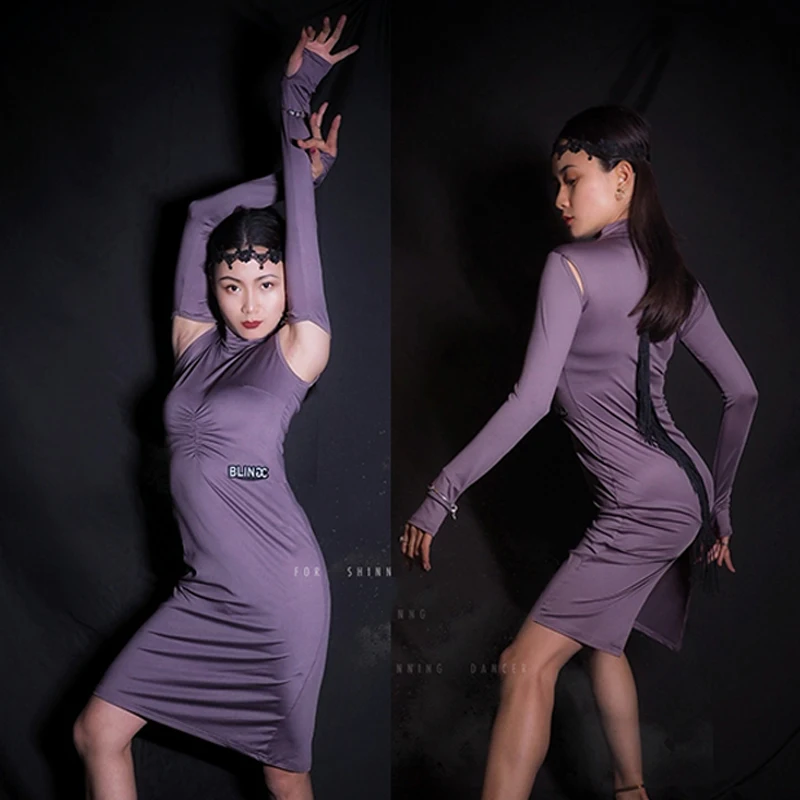 

2020 New Latin Dance Dress Party Prom Purple Dress Elegant Slim Split Fringe Skirt Practice Ballroom Tango Dress Standard 632
