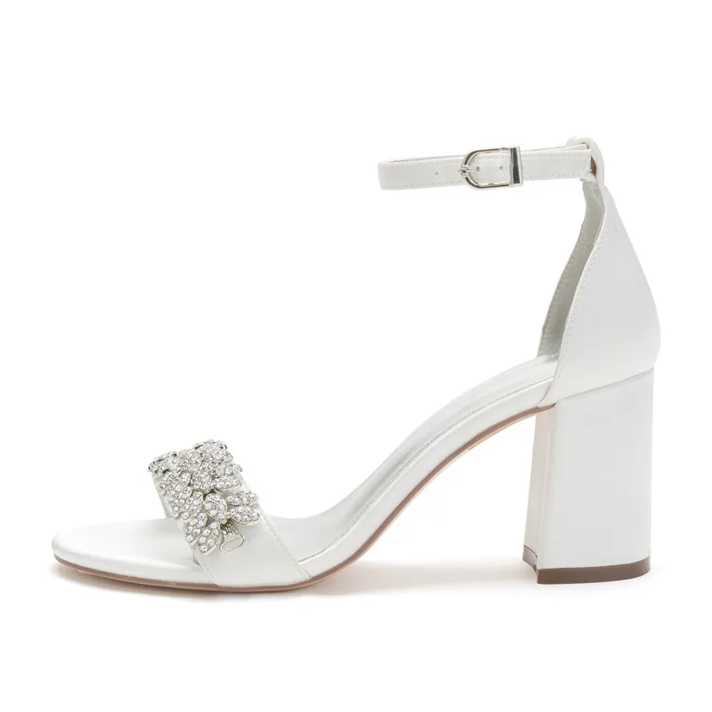 Eleganti sandali da sposa con tacco largo in raso scarpe per sposa punta aperta cinturino con fibbia alla caviglia cristalli Prom sandali da