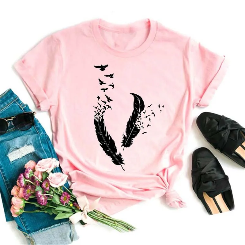 Fashion Women T Shirt Funny Butterfly Feather Print Tshirt T Shirt Summer Short Sleeve Tops Tee Female Feather T-shirts