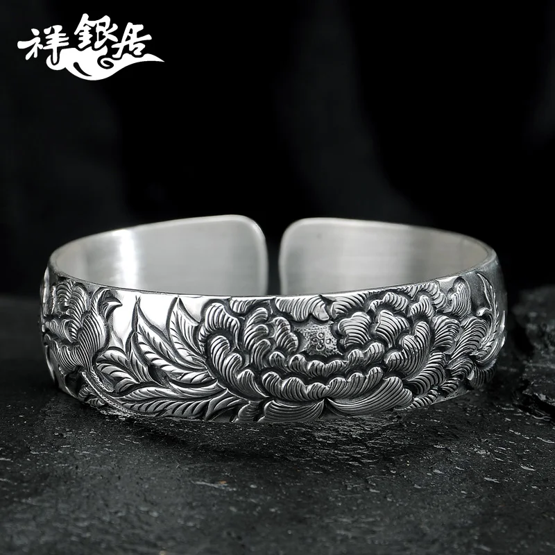 ★sterling silver bracelet in the riches and honor peony width opening anaglyph silver bracelet restoring ancient ways