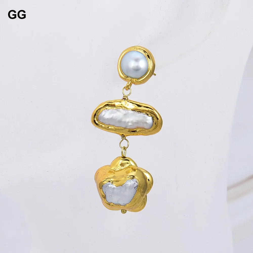 GuaiGuai Jewelry Natural Pearl Gold Plated Cultured White Biwa Pearl White Keshi Flower Pearl Dangle Stud Earrings For Women