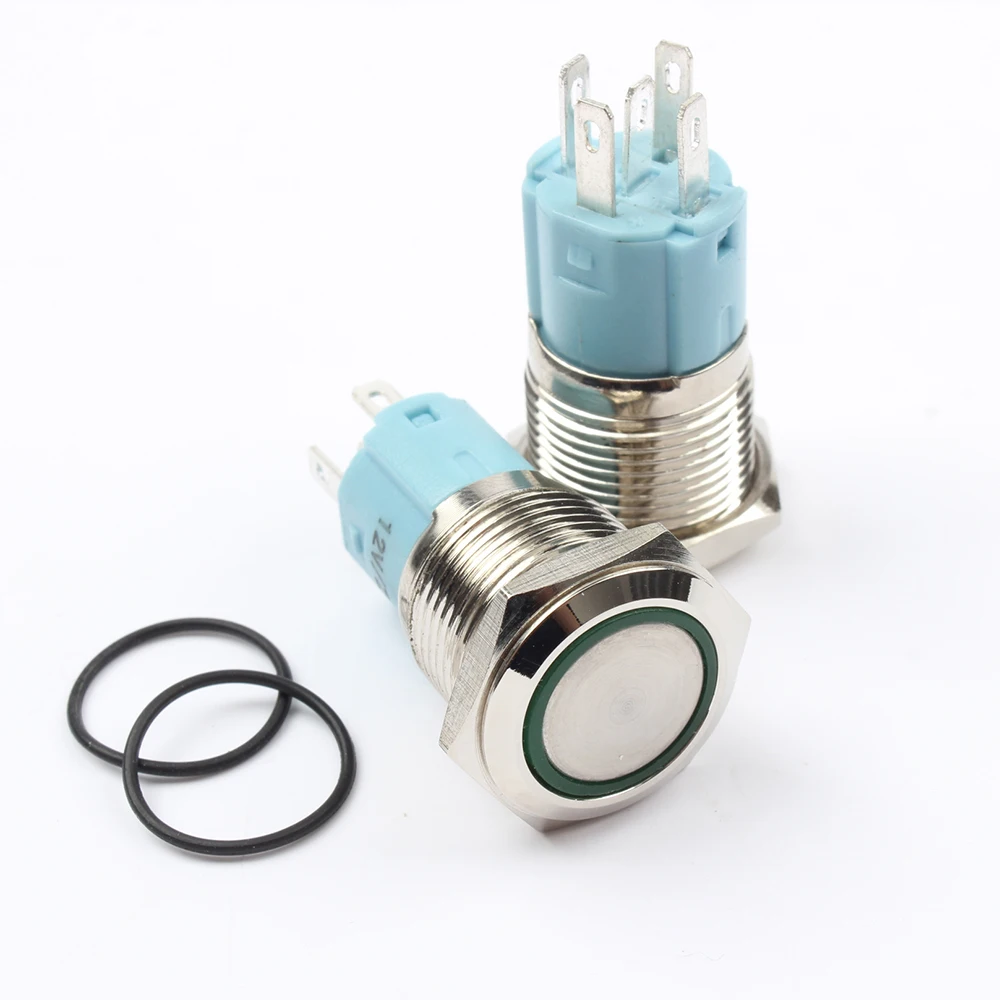 16mm metal push button switch 1 NO 1 NC Chrome plated brass switches with plug LED illuminate ring power mark latching 12V 3V 5V