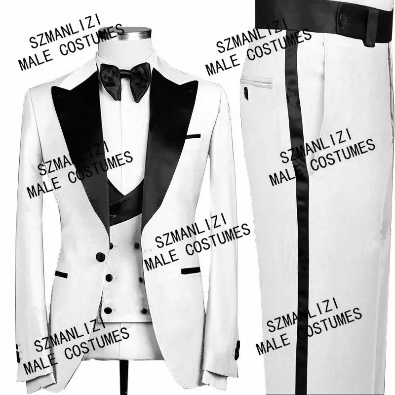 Handsome Red Mens Wedding Suits Black Peaked Collar Men\'s Tuxedo 3 Pieces Groom Terno Party Suits For Men (Jacket+Vest+Pants)