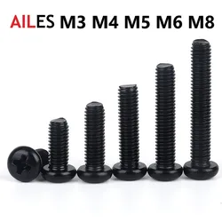 304 Stainless Steel Black Cross Recessed Pan Head Machine Screw M3 M4 M5 M6 M8 Cross Recessed Round Head Bolt