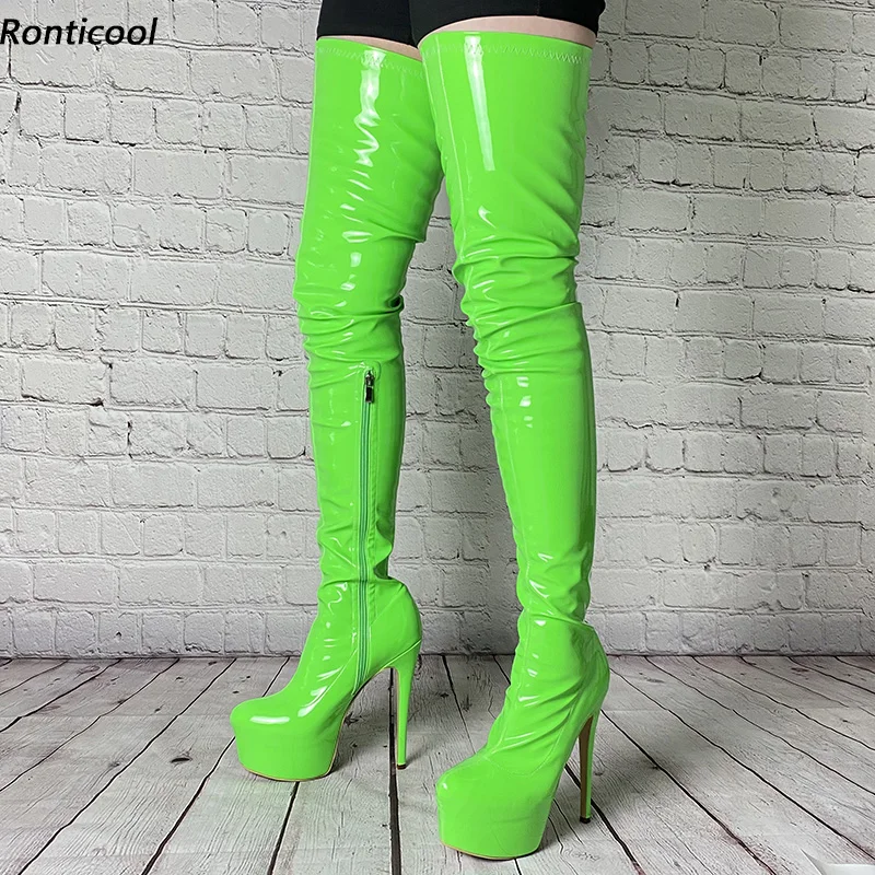 

Ronticool 2021 Women Winter Thigh Boots Sexy Stiletto Heels Round Toe Fabulous Green Pink Red Cosplay Shoes Ladies Us Size 5-20