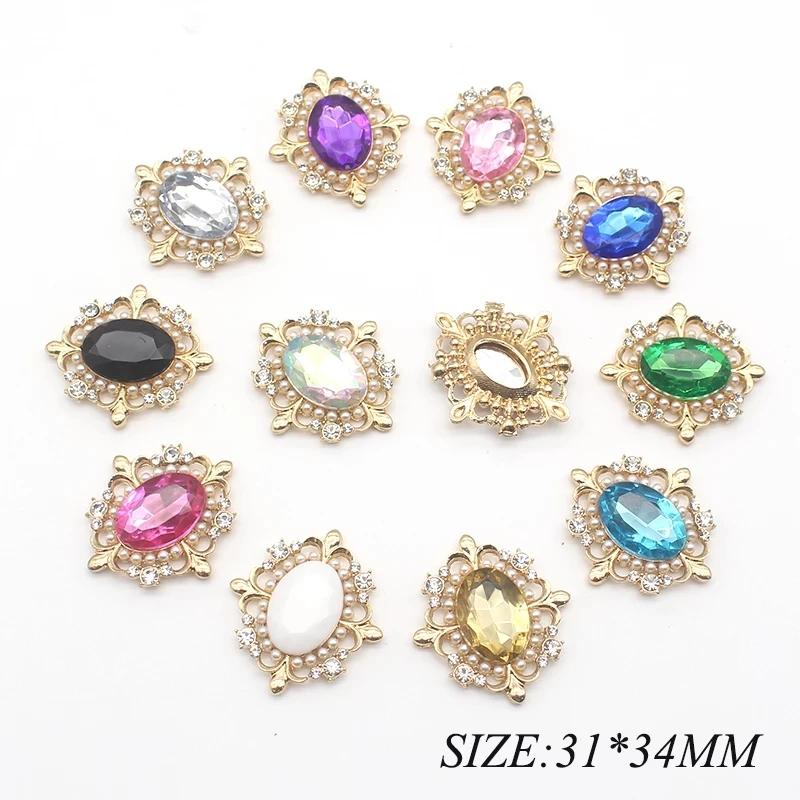 

YWXINXI 10Pcs new alloy 31x34mm oval rhinestone flat buttons, DIY handmade romantic wedding decoration clothing accessories mate