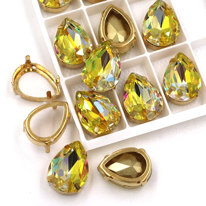 New Arrival Laser Crystal Pointback Teardrop Shape Glass Sewing Gold Claw Setting Rhinestones For Clothing/ Wedding Dress