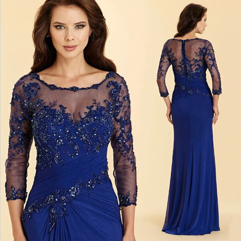 

2022 New Charming Royal Blue Lace Jewel Neck Mother of the Bride Dresses With 3/4 Sleeves Wedding Party Gowns Applique Beaded