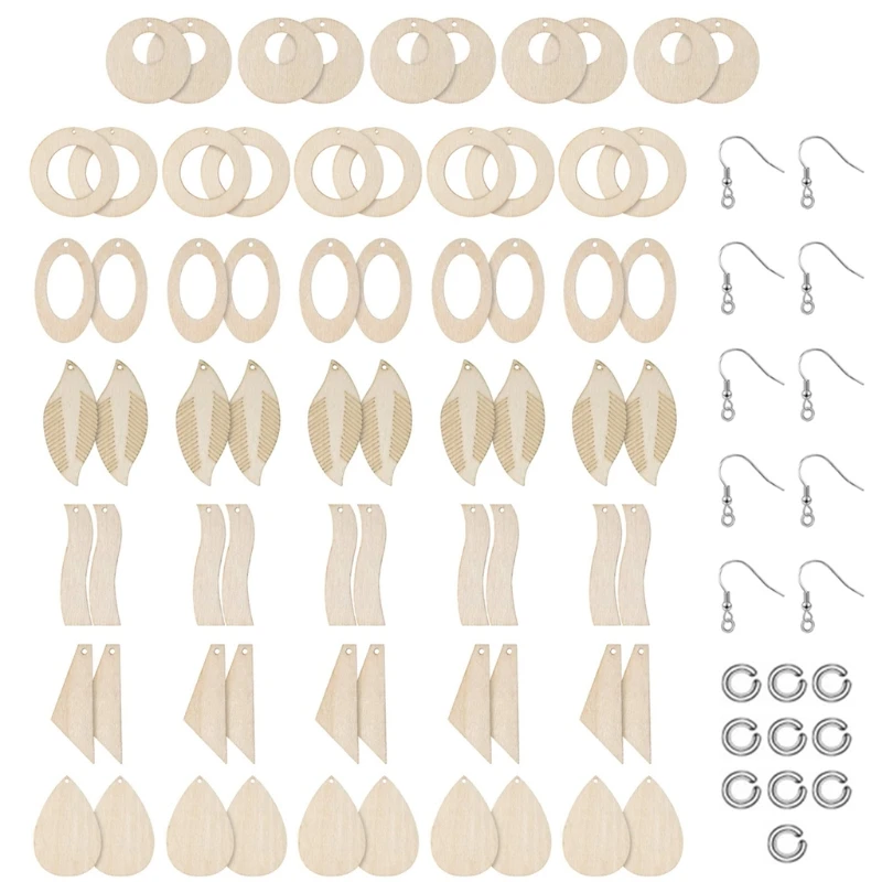 70 Pcs/Set Unfinished Wooden Earrings Blanks with Ear Hooks Opening Ring Jewelry Pendants Making DIY Crafts