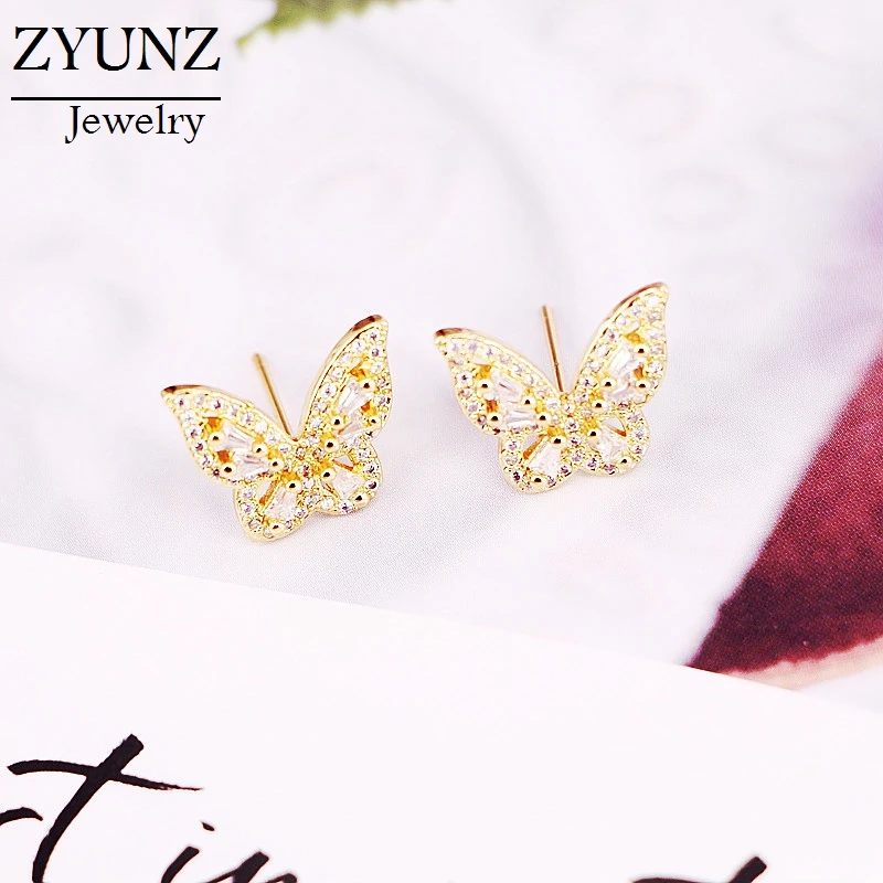 4 Pairs, Gold Color Crystal Zircon Earring , Women's Fashion Micro Pave CZ Butterfly Studs