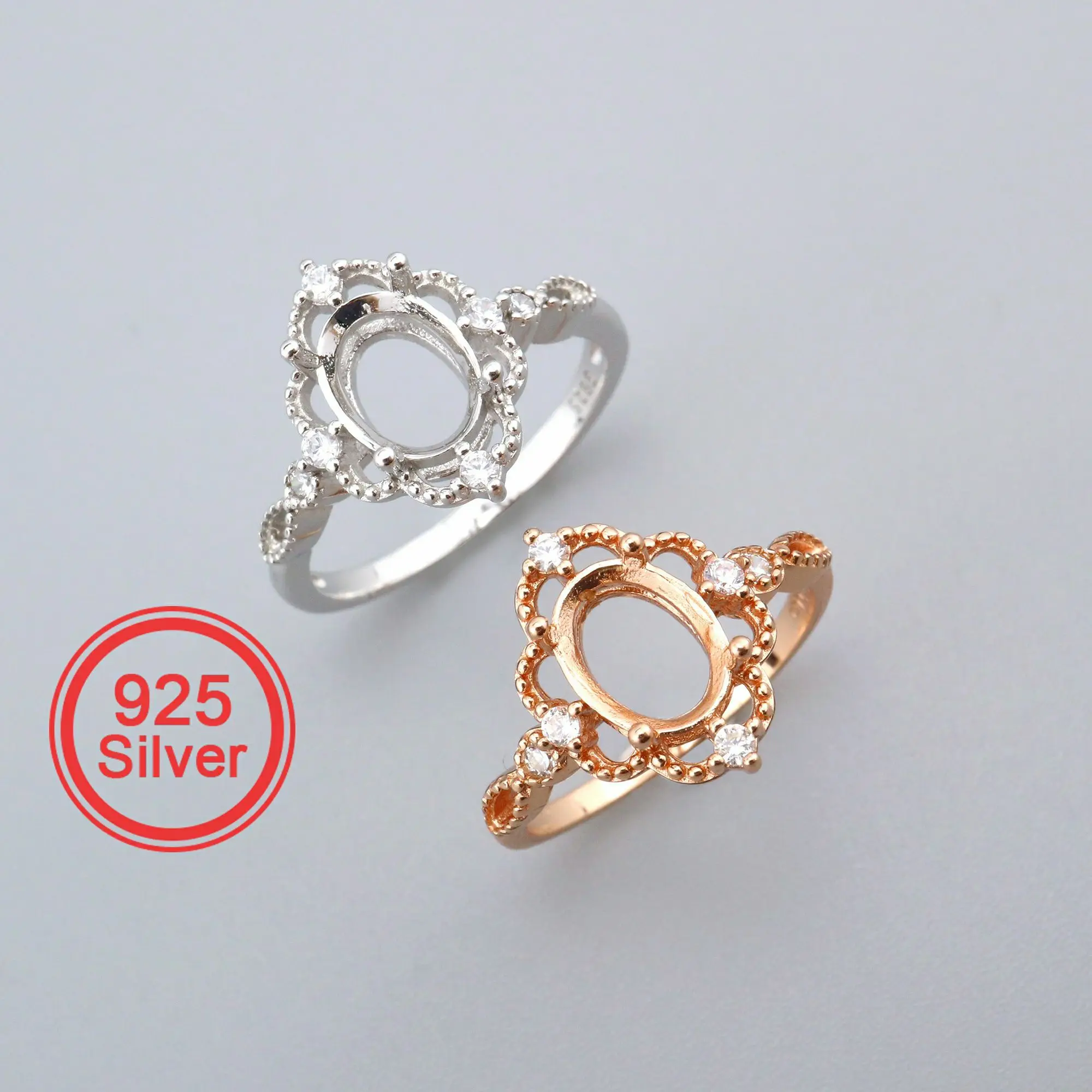 6x8MM Oval Prong Ring Settings Solid 925 Sterling Silver Rose Gold Plated Vintage Style Lace Set Size DIY Ring Bezel 1224084
