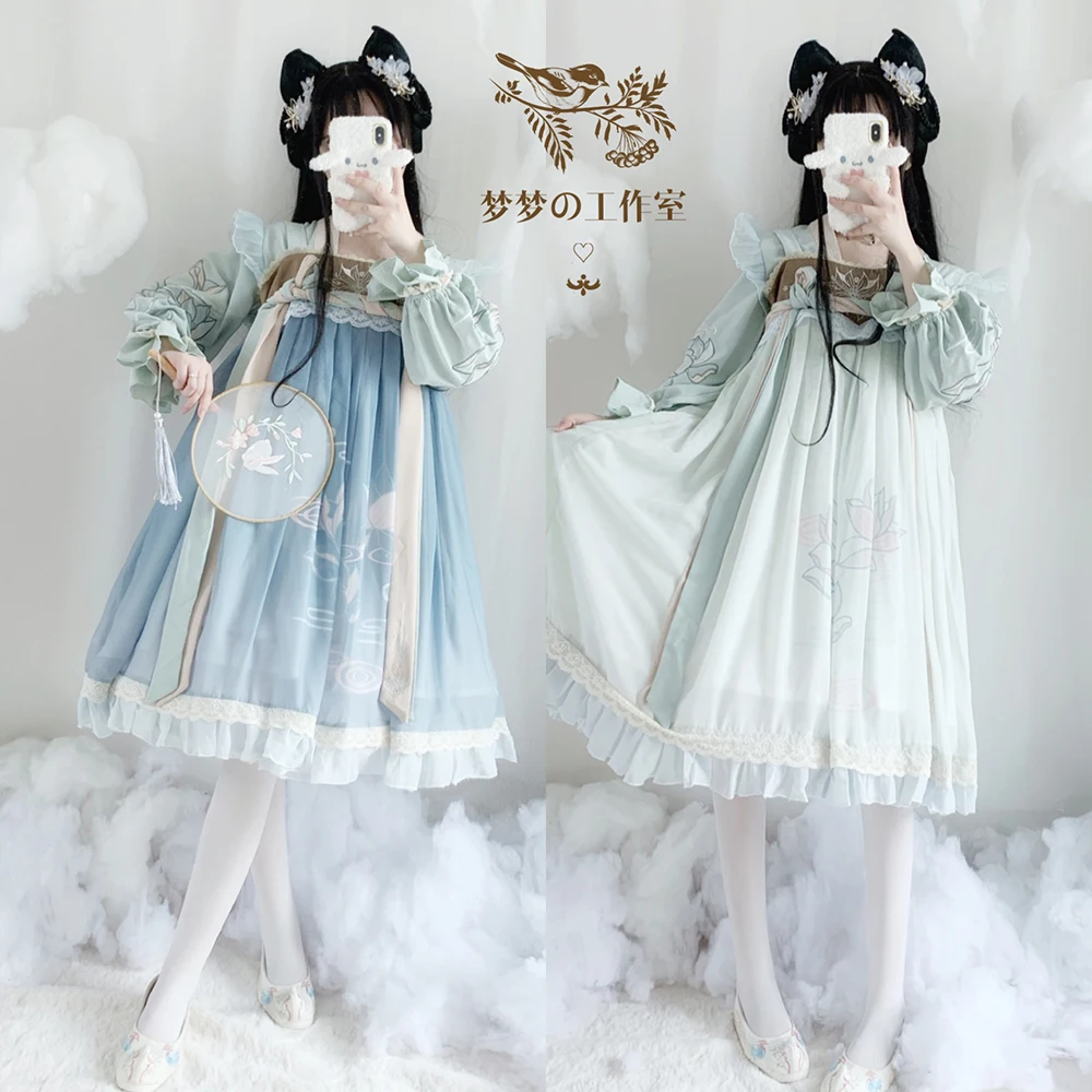 Oryginalny chiński styl Qinghe dwuczęściowy zestaw Han elementy haftowane codzienny garnitur Dresskawaii odzież wróżka kei sukienka lolita