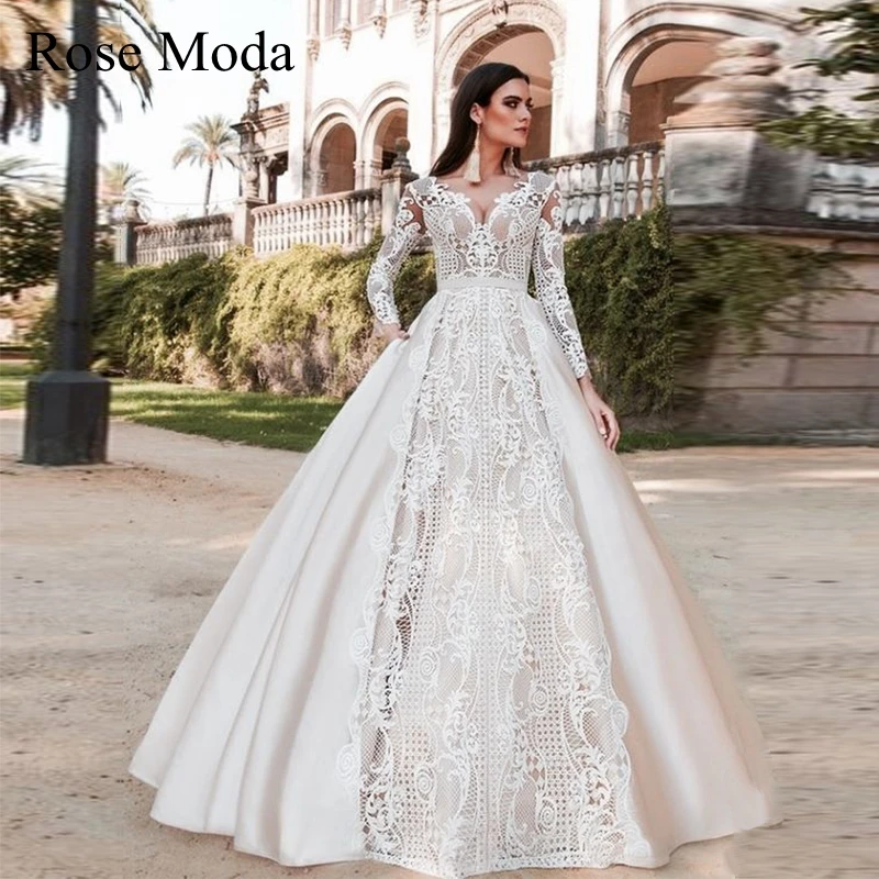 

Rose Moda V Neck Long Sleeves Lace Wedding Dress with Pockets Custom Make