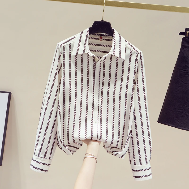 

Top Femme 2021 Spring Turn Down Collar Retro Loose Striped Chiffon Shirt Women's Ladies Fashion Professional Shirt Blouse White