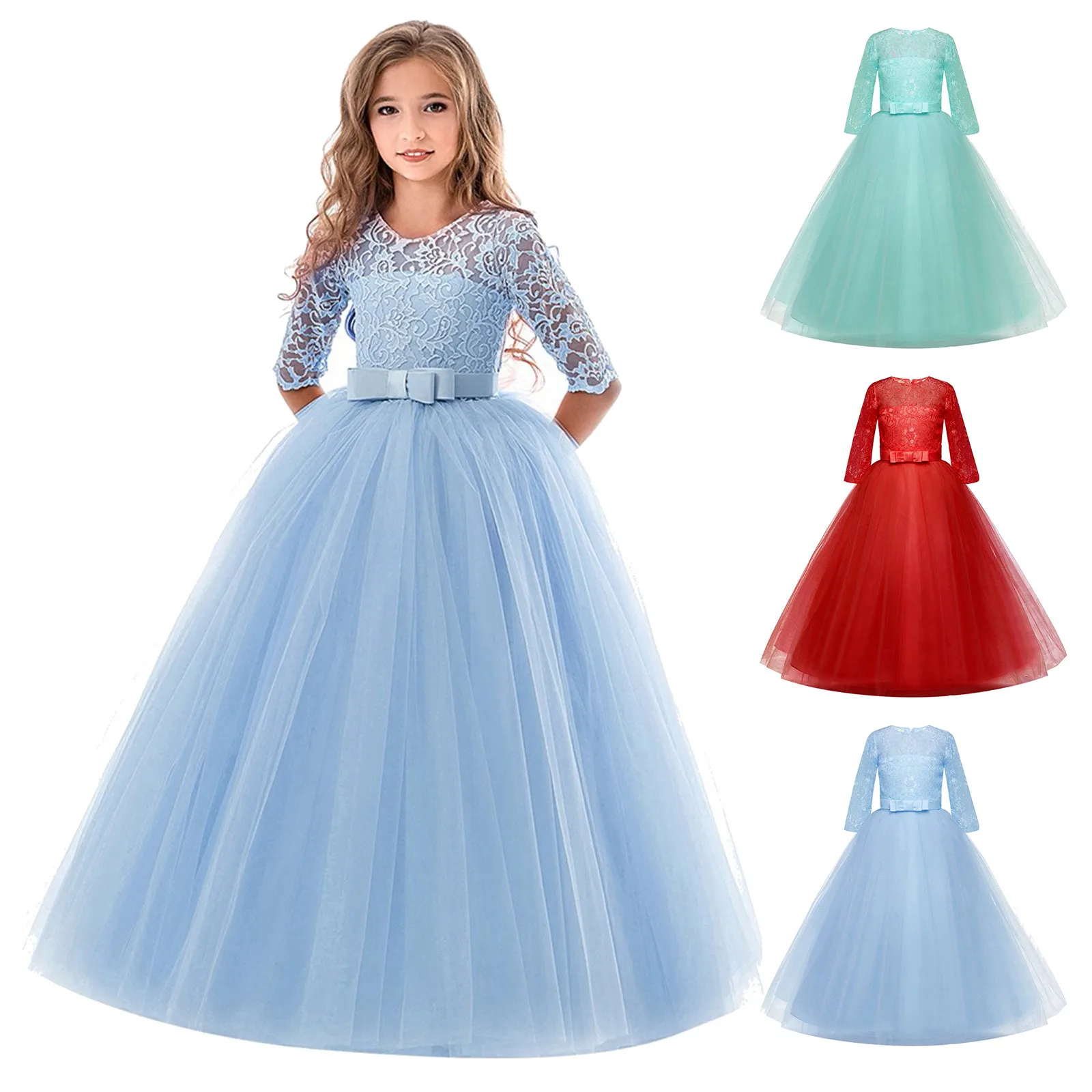 5-14Y Teenage Princess Dress For Girls Summer Party Elegant Long Tulle Baby Girls Kids Lace Ceremony Dresses Children\'s Clothing