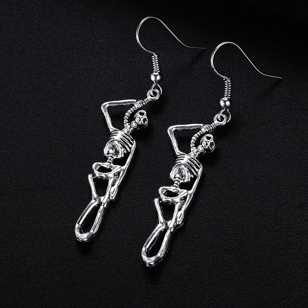 Trendy Vintage Hanging Skeleton Shape Dangle Antique Silver Plated Earrings for Women Girl Retro Drop Earrings Cute Jewelry