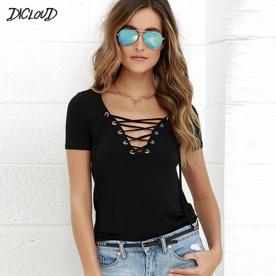 DICLOUD Fashion V-Neck T-Shirt Women New Summer Black Ladies\' Tops Short Sleeve Lace Hollow Shirt Tees 2023